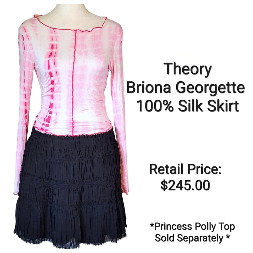 Theory Briona Georgette Silk Skirt Black Tiered Pleated Chiffon Mini Skirt Small